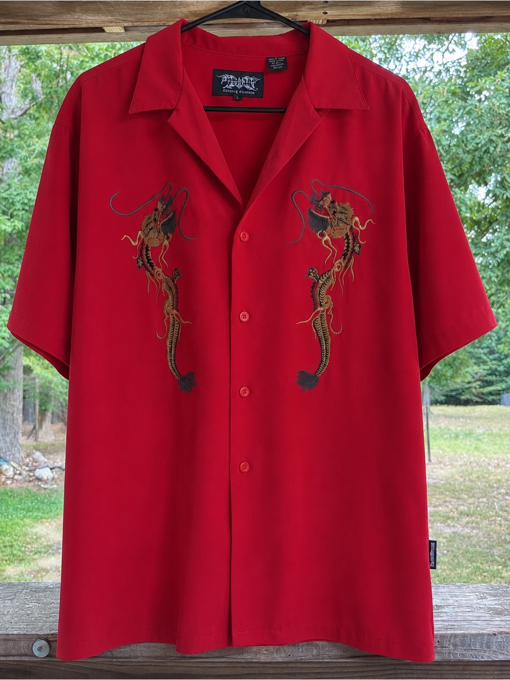 Dragonfly Clothing Co Mens L Red EmbroideredDragon Camp Shirt Y2K Rockabilly